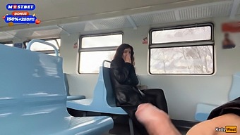 An Amateur Brunette Gets A Huge Load On Her Face And Walks Around The Train Carriages.